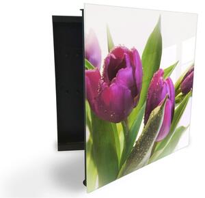 Glasdekor skrinka na kľúče - kvet fialový tulipán na bielom podklade - Ľavé / Čierna
