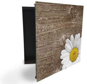 Glasdekor skrinka na kľúče - kvet bielej margaréty na dreve - Ľavé / Čierna