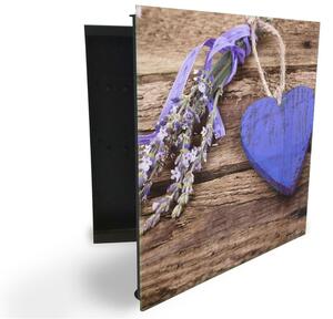 Glasdekor skrinka na kľúče - kvet fialovej levandule a srdce na dreve - Pravé / Čierna