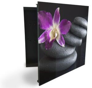 Glasdekor skrinka na kľúče - drobná orchidea na čiernych kameňoch - Pravé / Biela