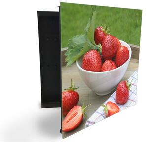 Glasdekor skrinka na kľúče - červené jahody v bielej miske - Ľavé / Čierna