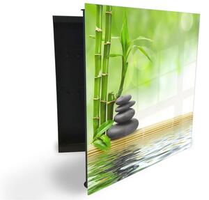 Glasdekor skrinka na kľúče - bambus a kameň nad hladinou - Pravé / Čierna