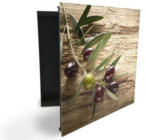 Glasdekor skrinka na kľúče - vetva olív na dreve - Ľavé / Čierna
