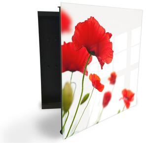 Glasdekor skrinka na kľúče - krásne kvety vlčích makov na bielom - Ľavé / Čierna