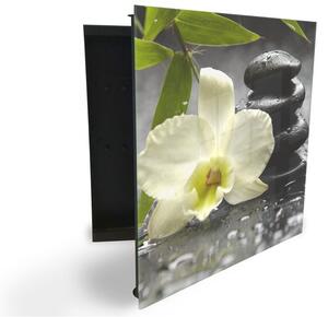 Glasdekor skrinka na kľúče - kvet orchidea, list bambusu a kameň - Ľavé / Čierna
