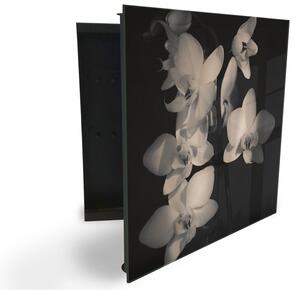Glasdekor skrinka na kľúče - kvety bielej orchidey na čiernom podklade - Ľavé / Čierna
