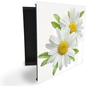 Glasdekor skrinka na kľúče - biele kvety harmančekov na bielom - Ľavé / Biela