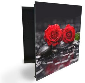 Glasdekor skrinka na kľúče - červený kvet ruže na čiernom kameni - Ľavé / Čierna