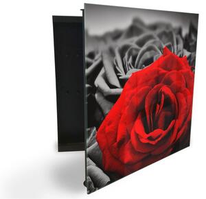 Glasdekor skrinka na kľúče - čierny a červený kvet ruže - Ľavé / Čierna