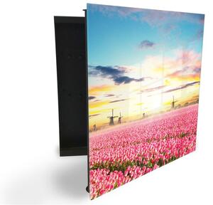 Glasdekor skrinka na kľúče - pole tulipánov a veterné mlyny - Ľavé / Čierna