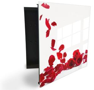 Glasdekor skrinka na kľúče - kvety a lístky červené ruže na bielom - Ľavé / Čierna