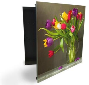Glasdekor skrinka na kľúče - kytica farebných tulipánov - Ľavé / Čierna