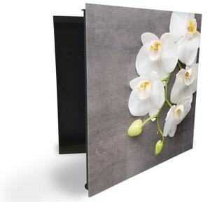Glasdekor skrinka na kľúče - biele kvety orchidey na betóne - Ľavé / Čierna