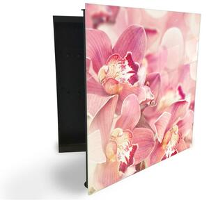 Glasdekor skrinka na kľúče - detaily kvety ružové orchidey - Ľavé / Čierna