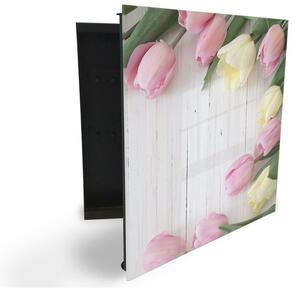 Glasdekor skrinka na kľúče - kvety tulipánov na bielom dreve - Ľavé / Čierna