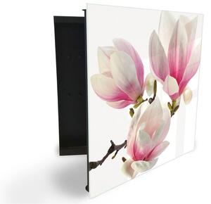 Glasdekor skrinka na kľúče - kvety magnólie na bielom podklade - Pravé / Čierna
