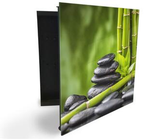 Glasdekor skrinka na kľúče - čierne kamene a zelený bambus - Ľavé / Čierna