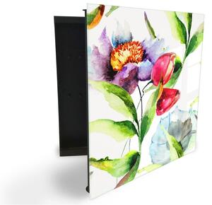 Glasdekor skrinka na kľúče - kvety tulipán, mak akvarel - Pravé / Čierna