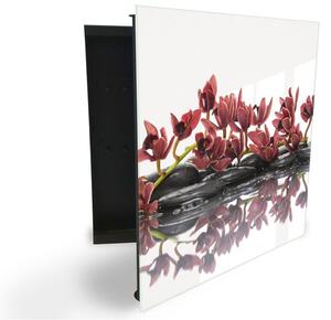 Glasdekor skrinka na kľúče - červená orchidea na zen kameni - Ľavé / Čierna