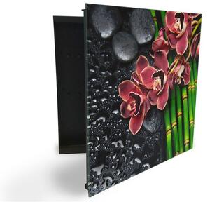 Glasdekor skrinka na kľúče - orchidea, čierny kameň a bambus - Ľavé / Čierna