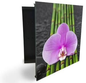 Glasdekor skrinka na kľúče - fialová orchidea na bambuse - Pravé / Biela