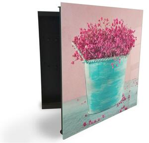 Glasdekor skrinka na kľúče - ružový vres a tyrkysový kvetináč - Ľavé / Čierna