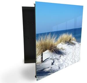 Glasdekor skrinka na kľúče - piesočná pláž s trávou pri mori - Ľavé / Biela