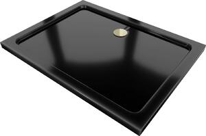 Mexen Flat, akrylátová sprchová vanička 140x90x5 cm SLIM, čierna, zlatý sifón, 40709014G
