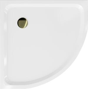 Mexen Flat, štvrťkruhová akrylátová sprchová vanička 100x100x5 cm SLIM, biela, zlatý sifón, 41101010G