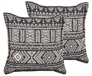 Sada 2 dekoratívnych vankúšov čierna a béžová bavlnený poťah s výplňou 45 x 45 cm vzor v boho štýle dekorácia