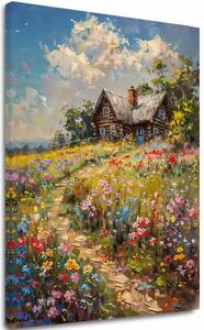 Obraz na plátne Chalúpka v kvetinovom poli | dokončené rukou umelca - 40x60 cm
