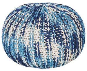 Puf taburetka modrá a biela okrúhla bavlnená 50 x 35 cm pletená podnožka výplň z polystyrénového granulátu