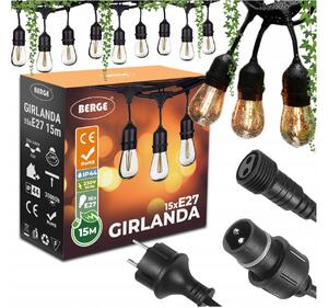 BERGE Záhradná girlanda 15m + 16x 1W LED žiarovka