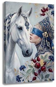 Obraz ženy s bielym koňom na plátne – s ručne maľovanými detailmi - 40x60 cm