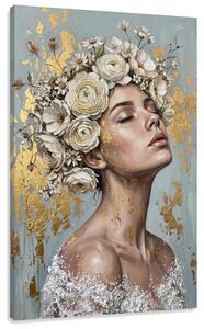 Obraz ženy s kvetinovou korunou na plátne – s ručne maľovanými detailmi - 40x60 cm