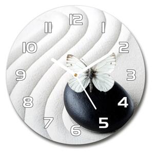 Sklenené hodiny okrúhle Kameň zen a motýľ