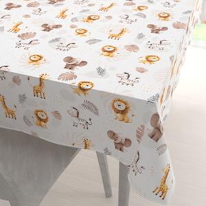 Biante Detský bavlnený obdĺžnikový obrus Sandra SA-757 Hnedo-oranžové safari zvieratká na bielom 50x100 cm
