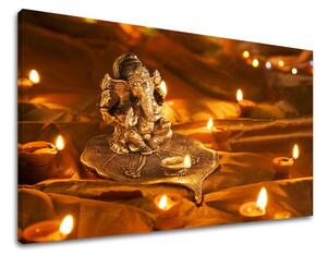 Obraz Ganešu v zlatých a oranžových tónoch na plátne – Feng Shui - 20x30 cm