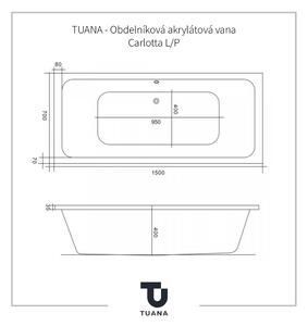 TUANA - Obdĺžniková akrylátová vaňa Carlotta Ľ/P - biela lesklá - 150x70 cm