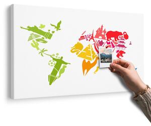 Obraz na korku mapa sveta so symbolmi jednotlivých kontinentov