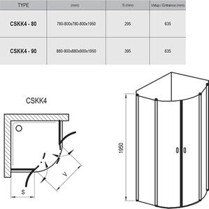 Ravak - Sprchovací kút štvrťkruhový štvordielny Chrome CSKK4-80 - satin, transparentné sklo