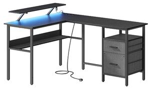 Písací a PC stôl v tvare písmena L so zásuvkami, rohový stôl s LED osvetlením, čierny
