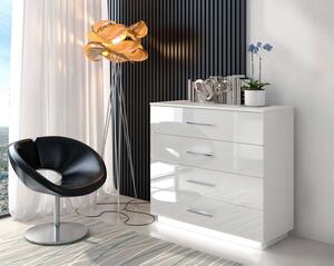 KOMODA MARION STRIEBORNÉ ÚCHYTKY LED BIELA VYSOKÝ LESK 95 cm