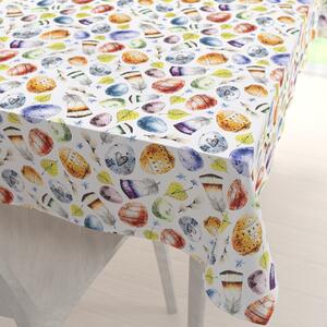 Biante Veľkonočný teflónový obdĺžnikový obrus TF-075 Farebné kraslice a pierka na bielom 50x100 cm