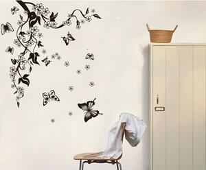 Samolepka na stenu Čierne kvety s motýľmi