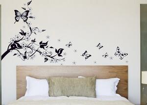 Samolepka na stenu Čierne kvety s motýľmi