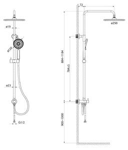 Sapho, Sprchový stĺp pre nástennú batériu, pevná a ručná sprcha, guľatý, chróm, 1202-30