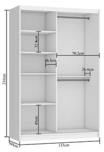 Šatníková skriňa 133 cm Belini biely mat / dub sonoma s posunými dverami a zrkadlom MSE SZP2/2/W/1DS1L/AL