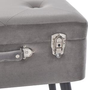 Podnožka v tvare kufai šedá čalúnená zamatová s úložným priestorom, čierne nohy, moderný dizajn