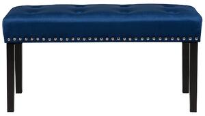 Lavička prešívaná z modrého zamatu s ozdobnými cvočkami do spálne